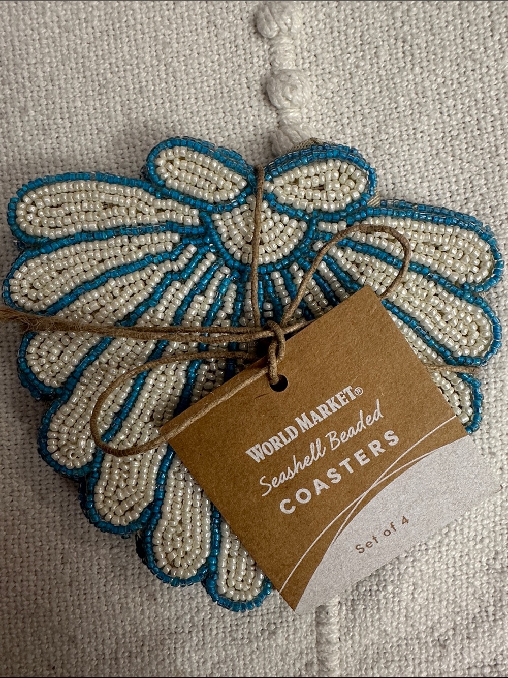 Cost Plus World Market Blue and White Beaded Seashell Coasters